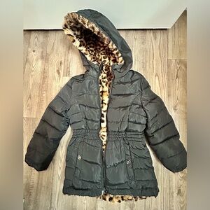 Steve Madden Reversible Black Puffer Coat with Leopard Print